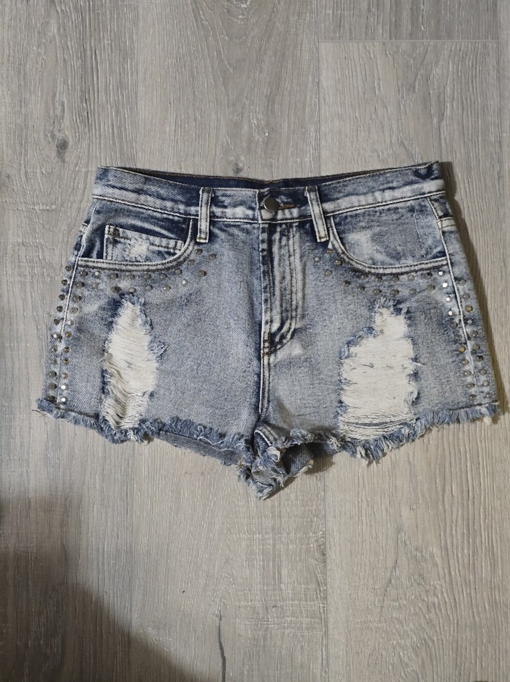 Forever 21 Light Blue Distressed Studded Denim Shorts